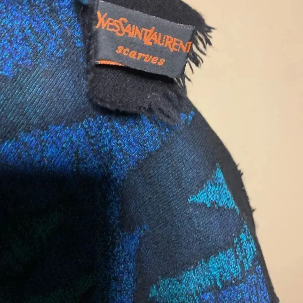 Auth Vtg Blue Green Black Abstract Yves Saint Laurent 70s Shawl Scarf. Pristine